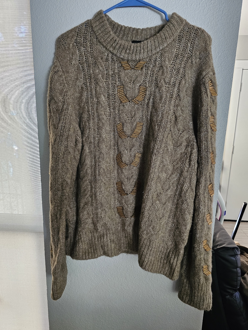 Vintage Chunky Cable Knit Sweater in Taupe with Accent Details